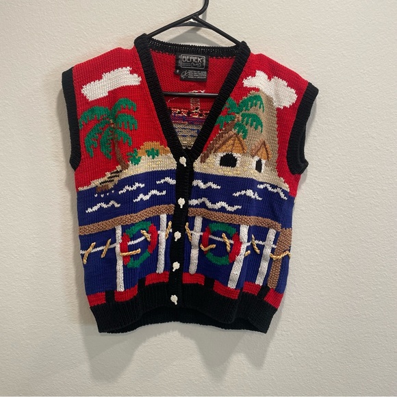 Berek Hand Knitted Vintage Cruise Ship Palm Tree Vacation Sleeves Sweater Vest - Picture 2 of 8